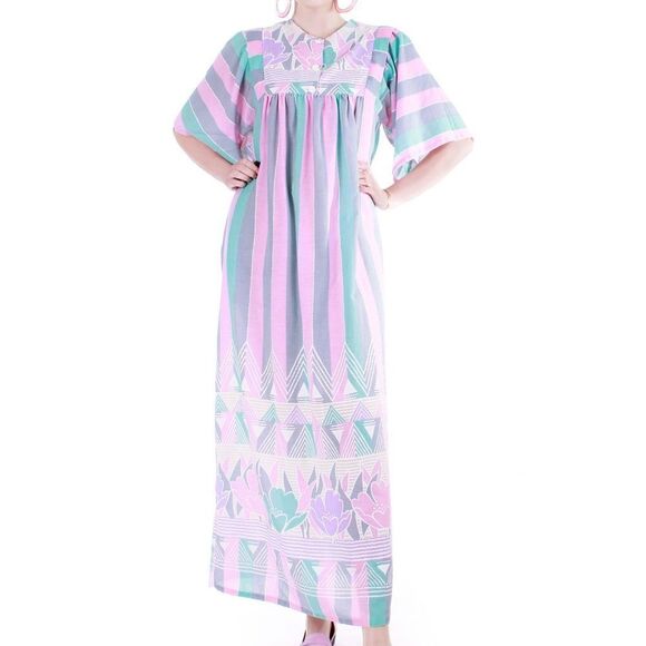 Vintage Sears At Home Wear Pastel Pink Gray Blue Floral Muumuu Dress - Picture 14 of 14